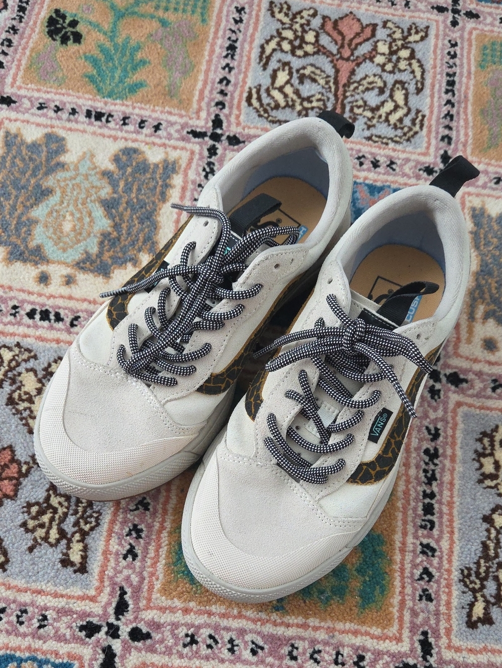 Vans White Sneakers with Black Accents and Leopard Panels